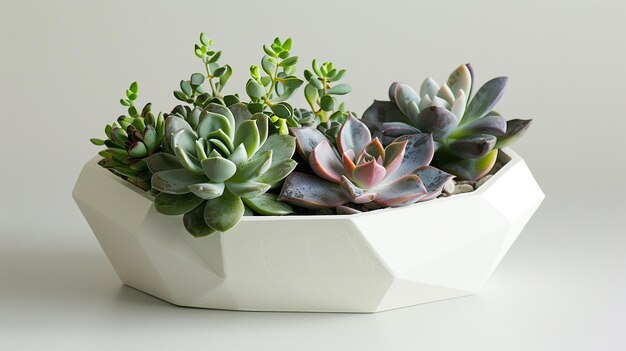 planteur géométrique blanc avec des succulentes sur un fond gris clair