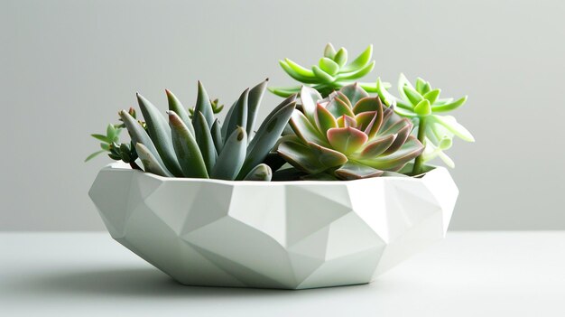 planteur géométrique blanc avec des succulentes sur un fond gris clair