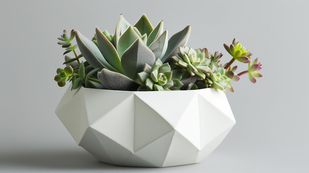 planteur géométrique blanc avec des succulentes sur un fond gris clair