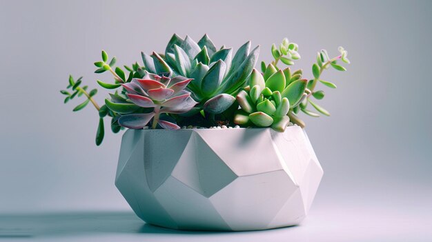 Photo planteur géométrique blanc avec des succulentes sur un fond gris clair