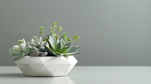 Photo planteur géométrique blanc avec des succulentes sur un fond gris clair