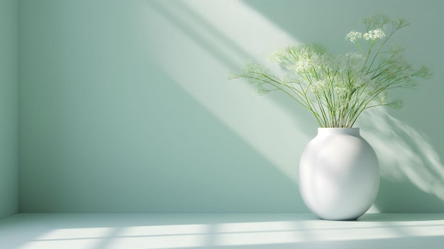 Plantez dans un pot blanc avec des ombres de lumière du soleil de la fenêtre sur un fond vert
