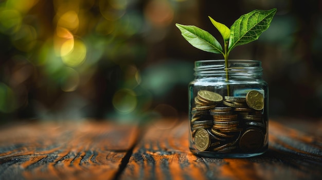 Photo plantez dans un pot transparent rempli de pièces d'argent épargne de revenus retours d'investissements concepts d'argent