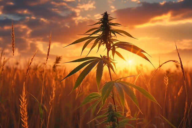 Plantez de la marijuana dans un champ au coucher du soleil