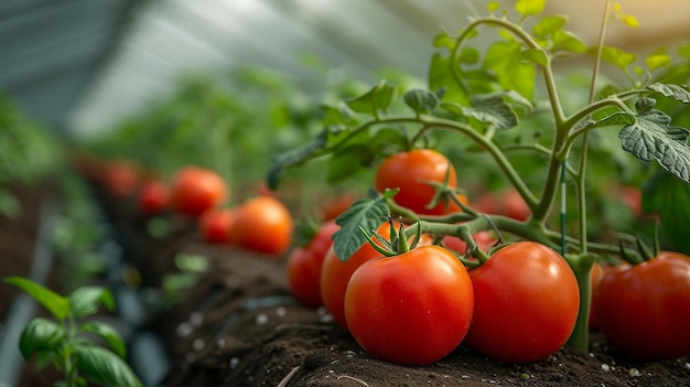 Les plants de tomates dans des rangées ordonnées dans une serre génèrent une illustration de l'IA