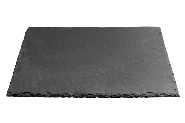 Photo plaque d'ardoise carrée noire vide isolée sur fond blanc