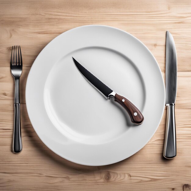 une plaque blanche et un couteau sur une table en bois isolée sur un fond blanc