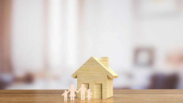 La plaque de bois familiale et la maison pour la propriété ou le concept de style de vie rendu 3d