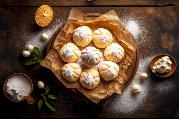 Sur plaque de bois marron profiteroles à la crème blanche saupoudrée de poudre