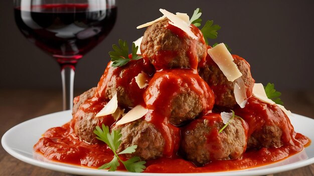 Plaque de boulettes de viande garnie de sauce tomate, de parmesan râpé et de persil servi avec du vin rouge