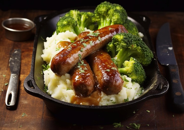 Plaque de casserole profonde avec des saucisses grillées et de la purée de pommes de terre avec du brocoli sur une table en boisAI Génératif