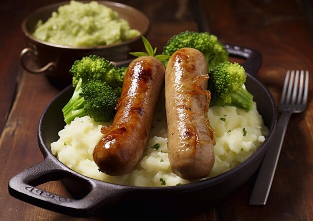 Photo plaque de casserole profonde avec des saucisses grillées et de la purée de pommes de terre avec du brocoli sur une table en boisai génératif