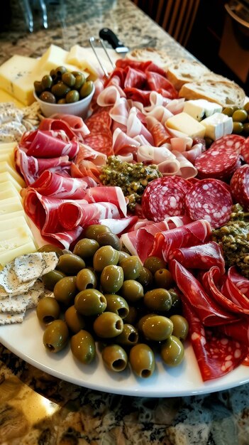 Photo plaque de charcuterie gourmande avec des fromages variés viandes olives et biscuits parfaits pour des rassemblements élégants