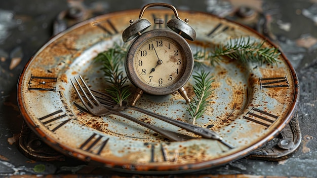 Plaque de chronométrage et couverts Concept de jeûne intermittent à l'heure du déjeuner et de perte de poids
