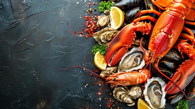 Plaque de coquillages de crustacés et de fruits de mer avec homard frais Génératif Ai