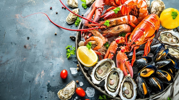Plaque de coquillages de crustacés et de fruits de mer avec homard frais Génératif Ai