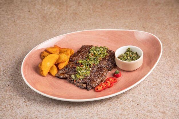 Plaque de couleur rose et rôti du dimanche Rôti de bœuf cuit sur une assiette blanche Dîner de rôti de bœuf