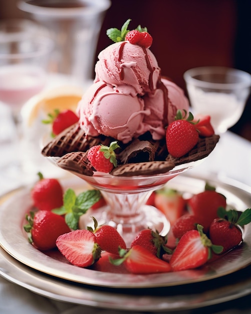 Photo plaque de crème glacée au chocolat et sorbet à la fraise