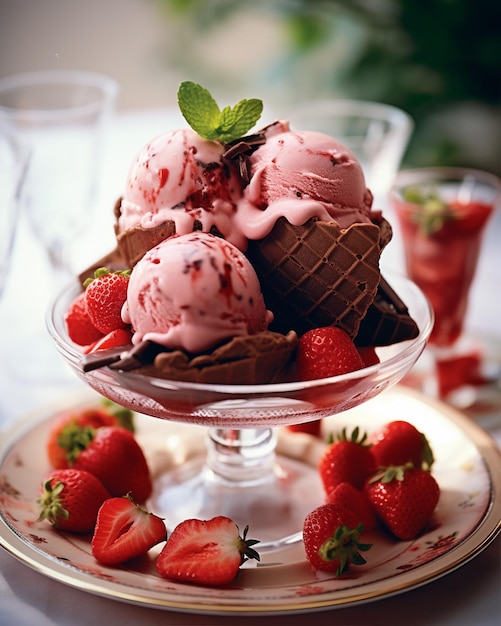 Photo plaque de crème glacée au gâteau au chocolat et à la fraise