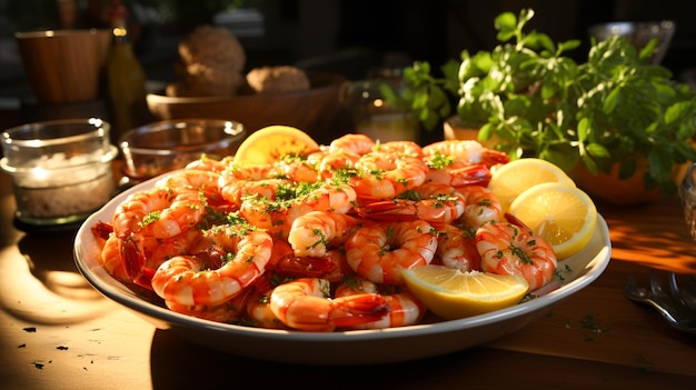 Plaque de crevettes avec des coins de citron sur le côté sur fond de bois