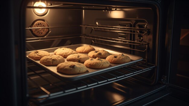 Une plaque de cuisson de biscuits dans un four avec la lumière allumée.