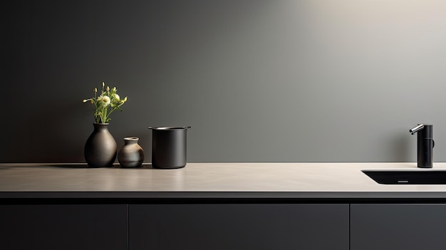 Une plaque de cuisson à induction noire occupe le centre de la scène sur un comptoir de cuisine gris moderne avec un arrière-plan gris élégant À droite, une cruche d'eau et du verre ajoutent une touche de sophistication à la cuisine minimaliste