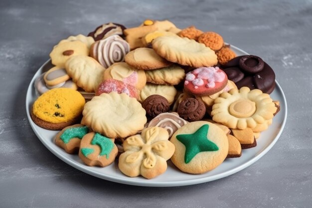 Plaque de délicieux biscuits chacun avec une saveur et une forme différentes créés avec l'IA générative