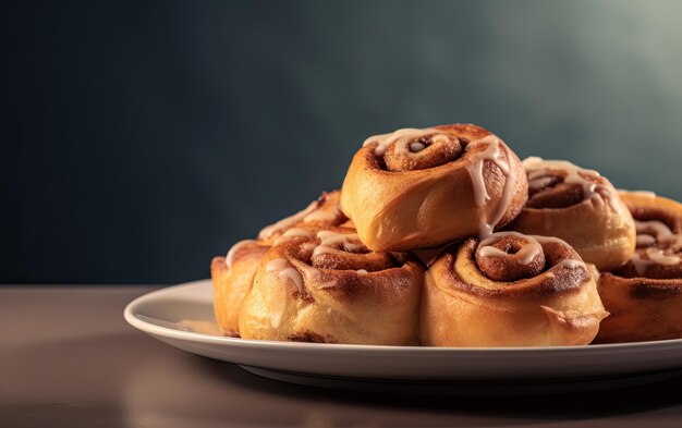 Une plaque de dessus de rouleaux de cannelle délicieux sur un fond pastel photo de nourriture professionnelle ai générée