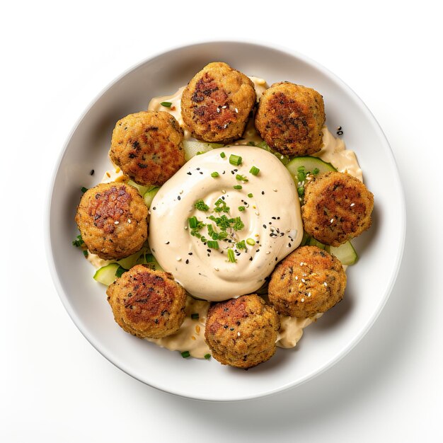 Photo plaque de falafel de pois chiches avec sauce tahini isolée sur fond blanc