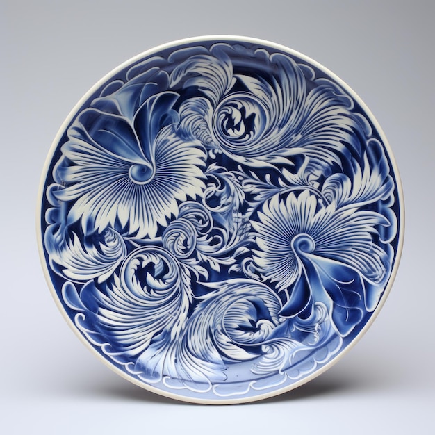 Plaque florale bleue et blanche avec des vibrations dynamiques de pinceau