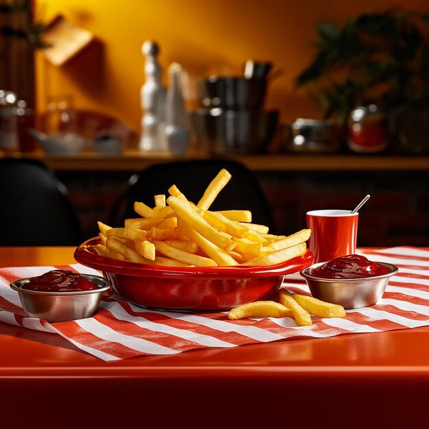 Plaque de frites 3D au ketchup sur le côté présentée sur la table à manger