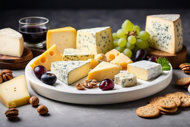 Plaque de fromage en céramique blanche avec différents types de fromage