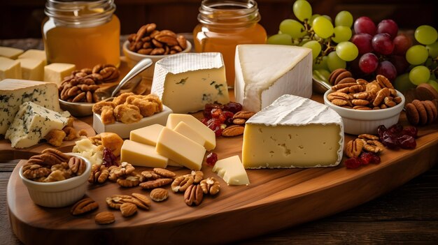 Plaque de fromage avec des raisins et des noix sur table en bois IA générative