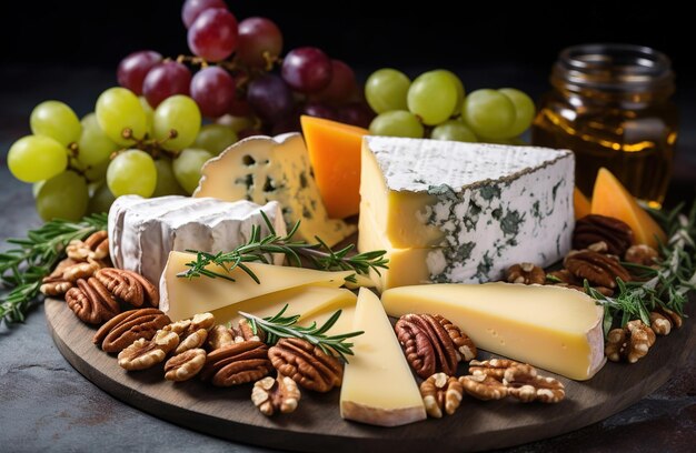 Plaque de fromage avec une variété de fromages miel raisins noix et herbes fraîches sur un fond en béton