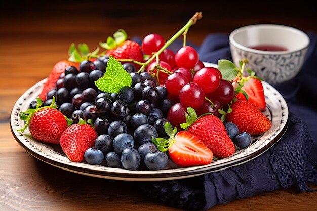 Plaque de fruits frais avec raisin de fraise de framboise et variation de bleuets