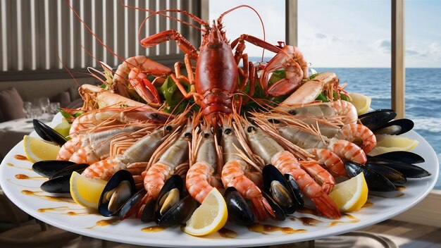 Plaque de fruits de mer avec des crevettes, des moules, des homards servis avec du citron.