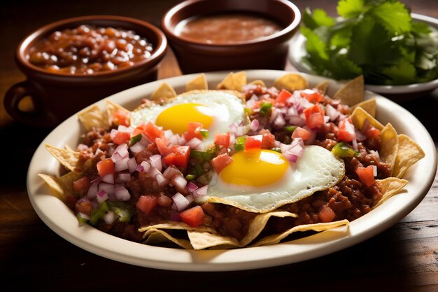 Photo plaque d'huevos rancheros avec des œufs frits, de la salsa et des haricots frits