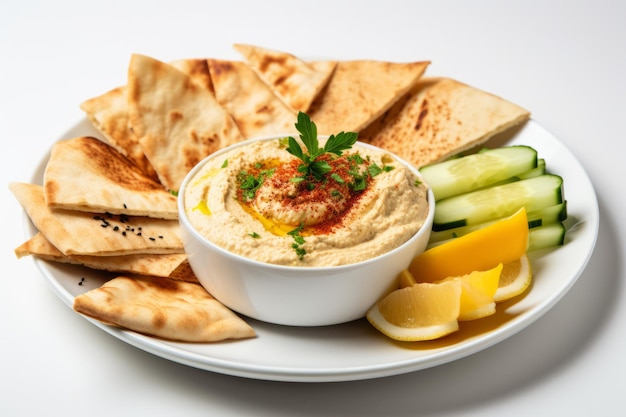 Plaque d'hummus libanais sur fond blanc