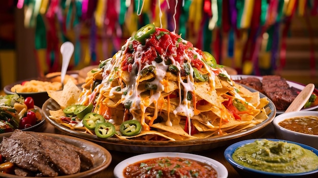 Plaque avec des nachos au milieu de la nourriture mexicaine