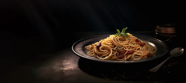 Plaque noire avec des spaghettis italiens sur noir