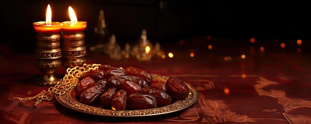 Plaque de Ramadan avec des lumières et des dates de style calligraphie arabe