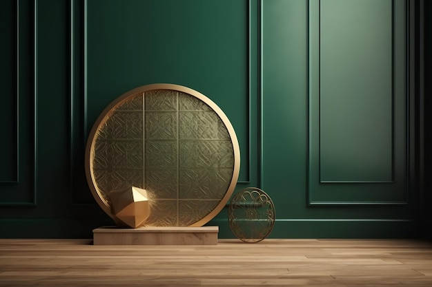 Une plaque ronde en or est posée sur un mur vert dans une pièce avec une sphère en or.