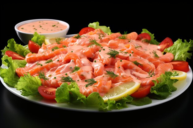 Photo plaque de salade de fruits de mer avec sauce