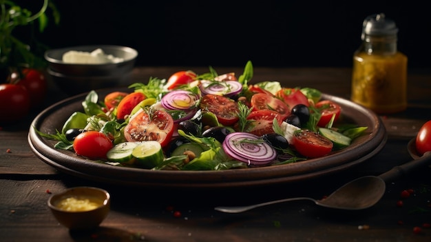 Photo plaque de salade avec tomates, oignons et laitue