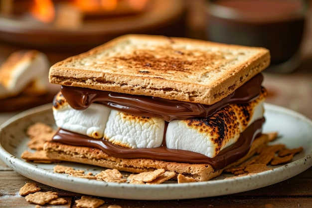 Plaque avec sandwich au marshmallow recouvert de sauce au chocolat IA générative