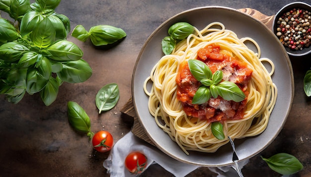 Plaque de spaghettis avec sauce tomate et oignon basilic et poireau Vue supérieure