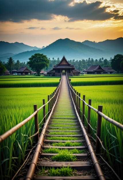 Photo une plaque tournante des transports en commun près d'un pont en bambou surplombant des rizières luxuriantes à lampang