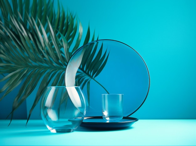 Une plaque de verre bleue sur fond bleu comporte des feuilles de palmier