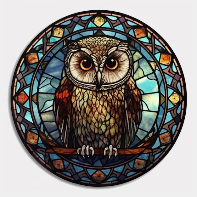 Une plaque de vitrail ronde avec un hibou dessus.