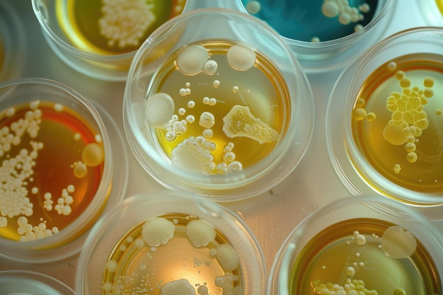 Photo plaques de pétri avec culture de colonies bactériennes sur des plaques d'agar en laboratoire